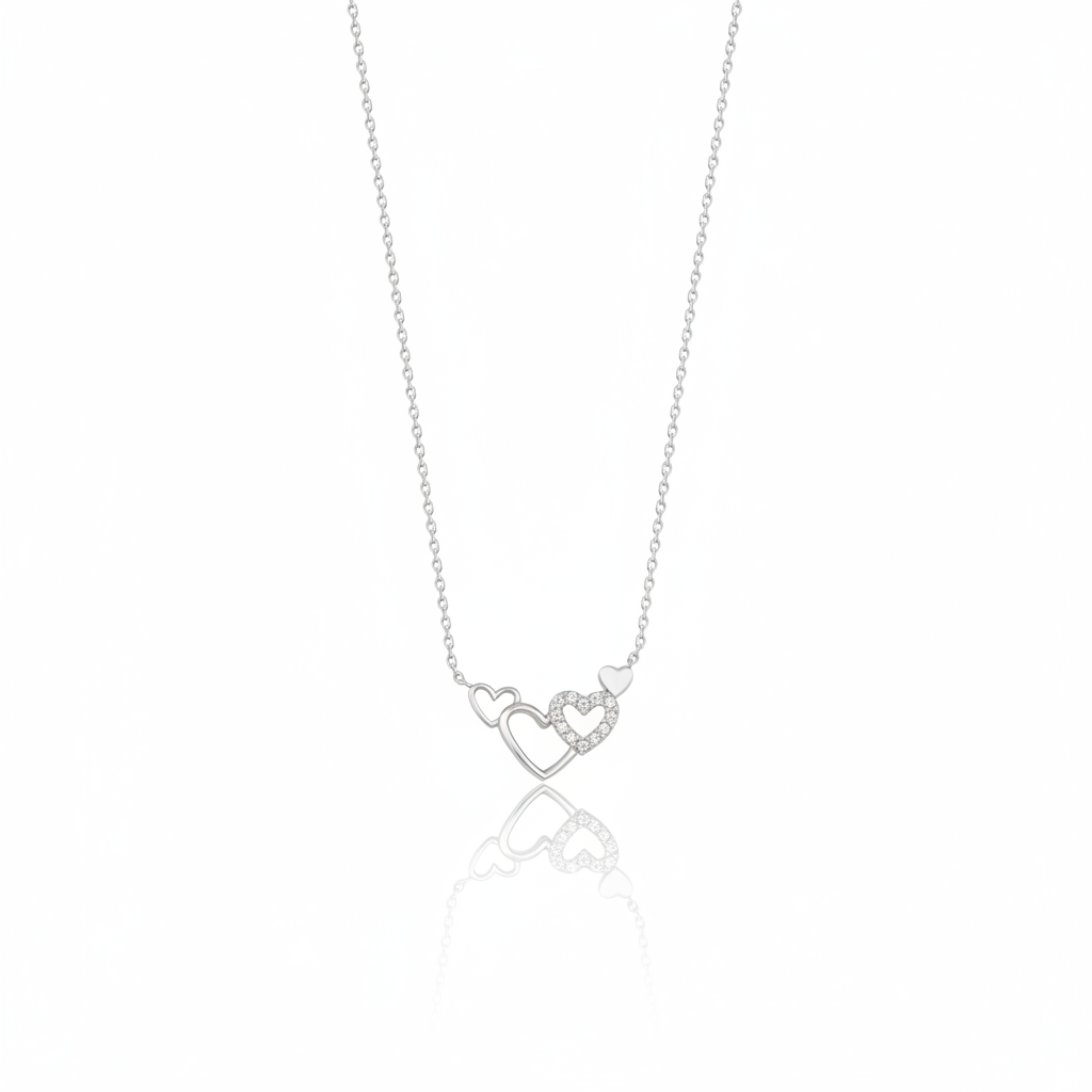 linked hearts necklace in white gold on a white background