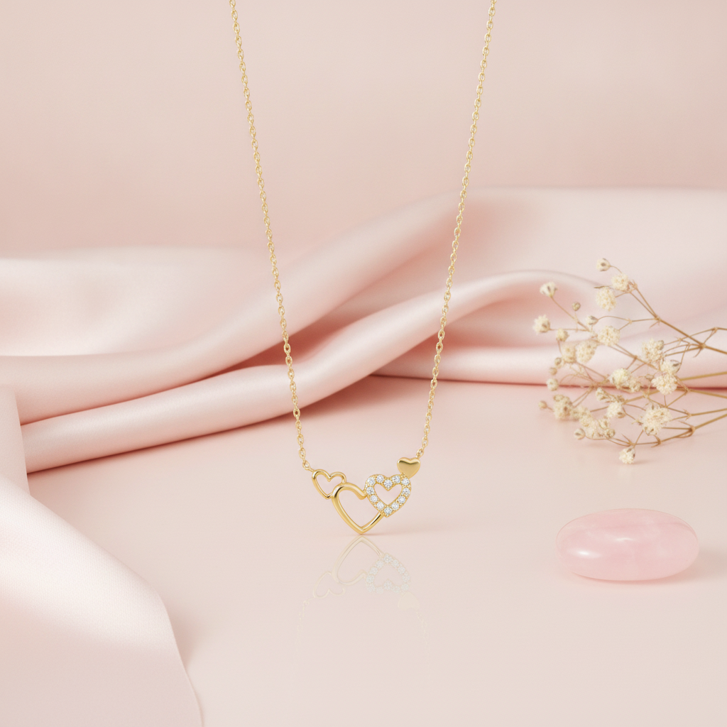 gold pendant necklace with three intertwined heart outlines on a pink backdrop with a dried flower and a rose quartz stone