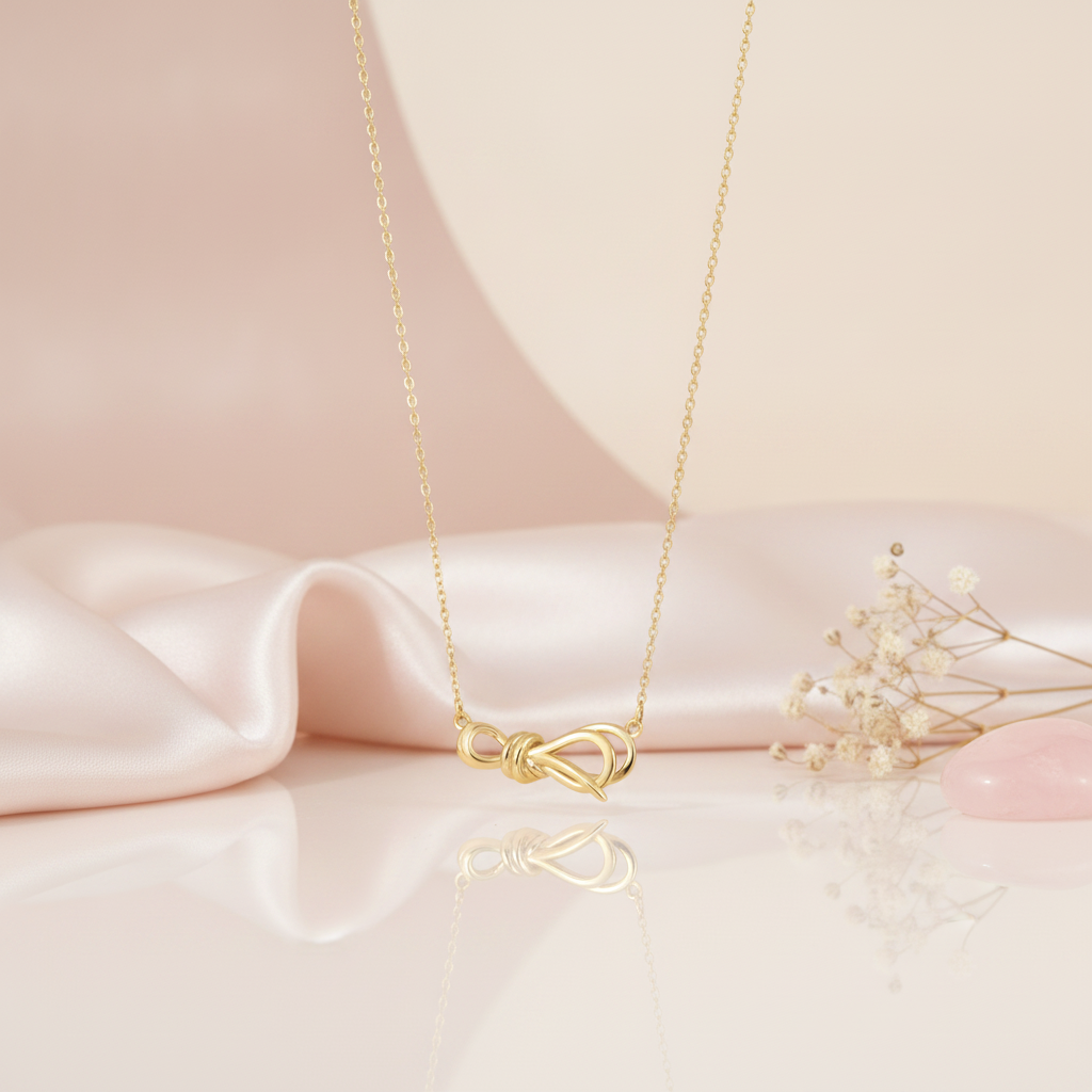 gold ribbon knot necklace displayed on blush satin with dried baby's breath and a rose quartz stone