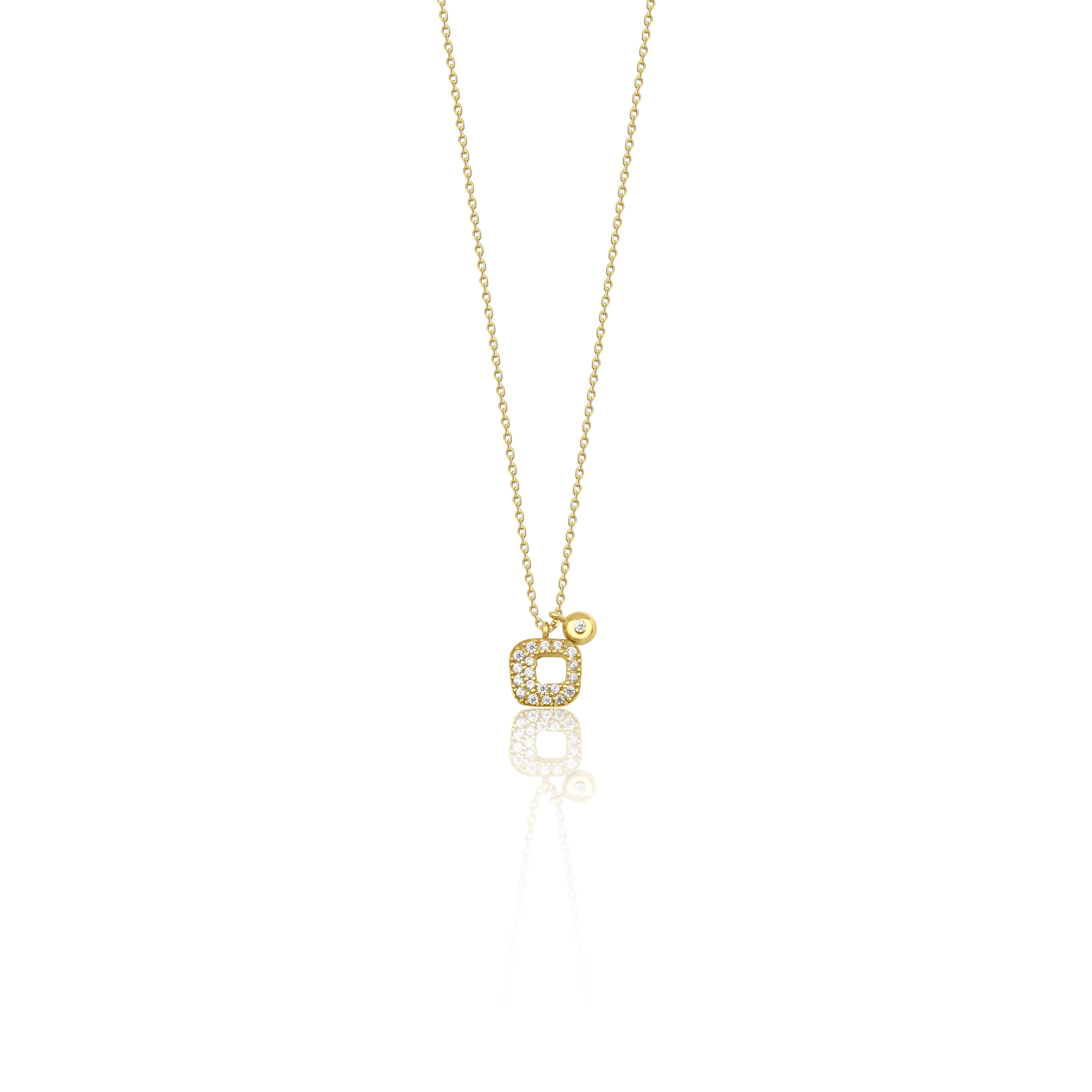 yellow gold pave square pendant necklace on white background