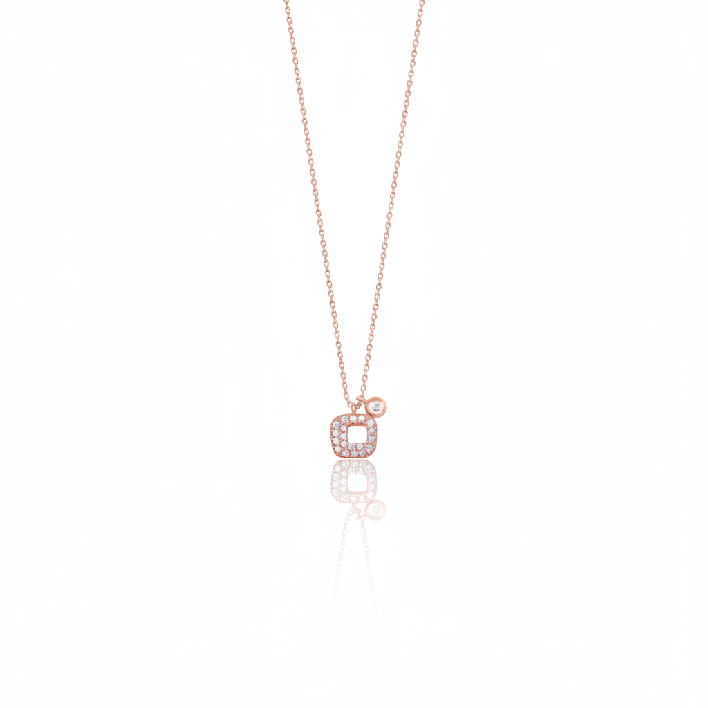 rose gold pave square pendant necklace on white background