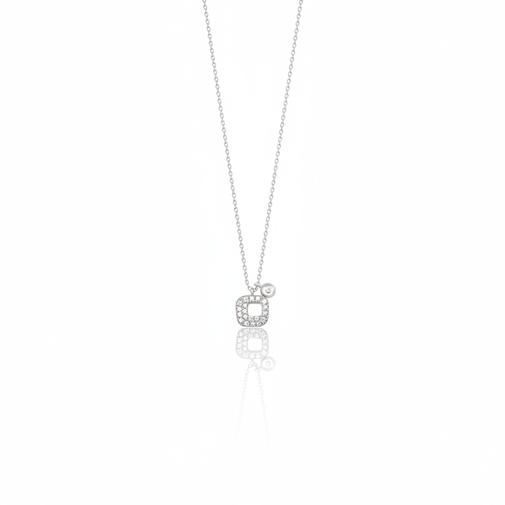 white gold pave square pendant necklace on white background