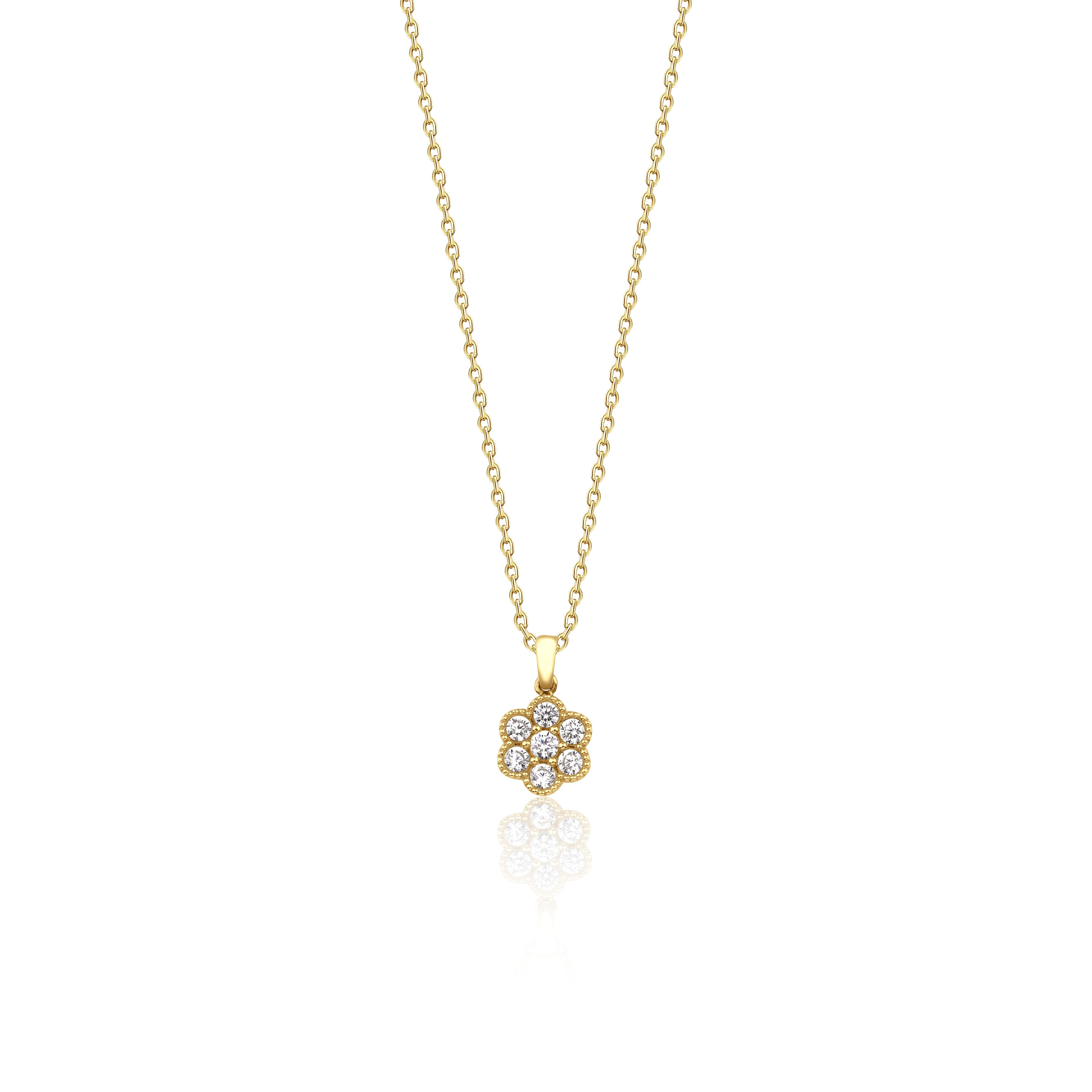 yellow gold floral cluster pendant necklace on white background