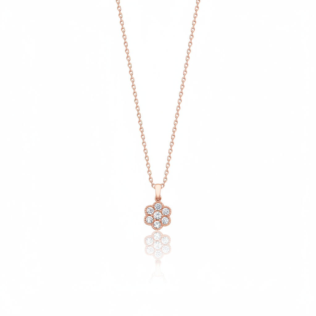 rose gold floral cluster pendant necklace on white background