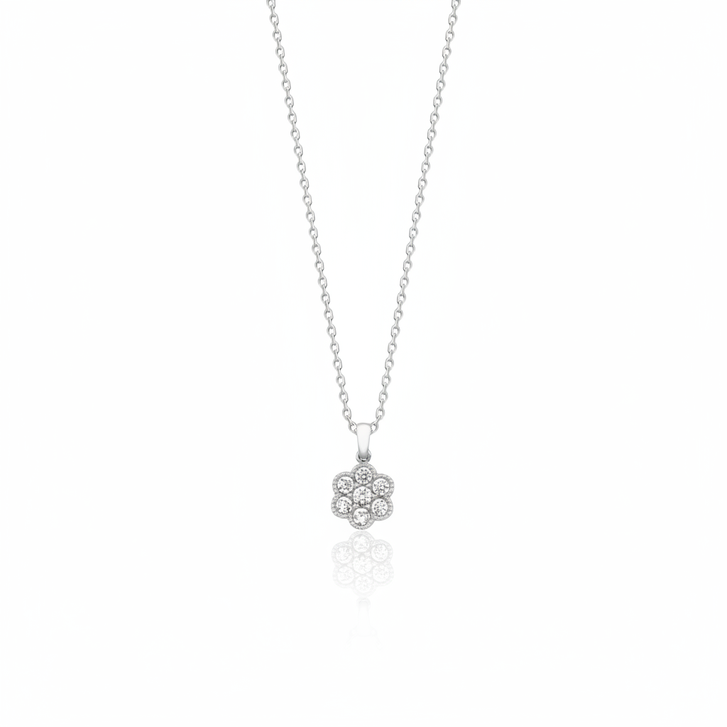 white gold floral cluster pendant necklace on white background