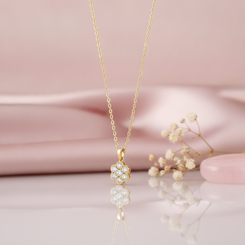 gold floral cluster pendant necklace displayed on blush satin with dried baby's breath and a pink stone