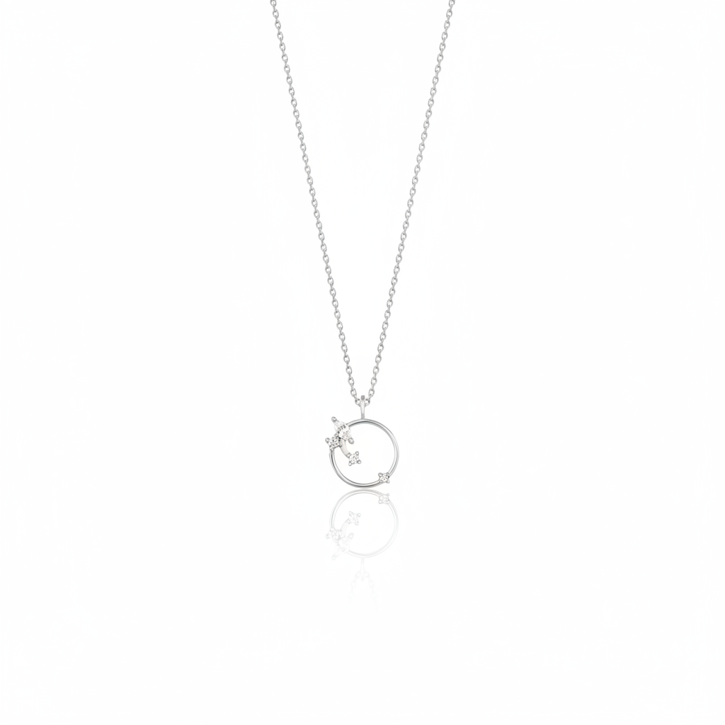 white gold open circle pendant necklace on white background