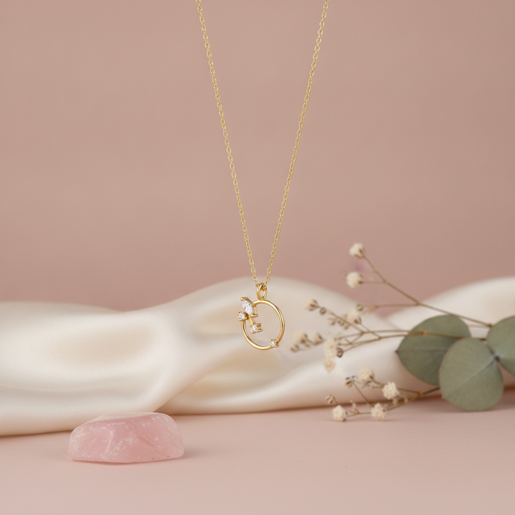gold open circle pendant necklace with scattered stones displayed on blush satin with dried baby's breath, eucalyptus leaves, and a pink stone
