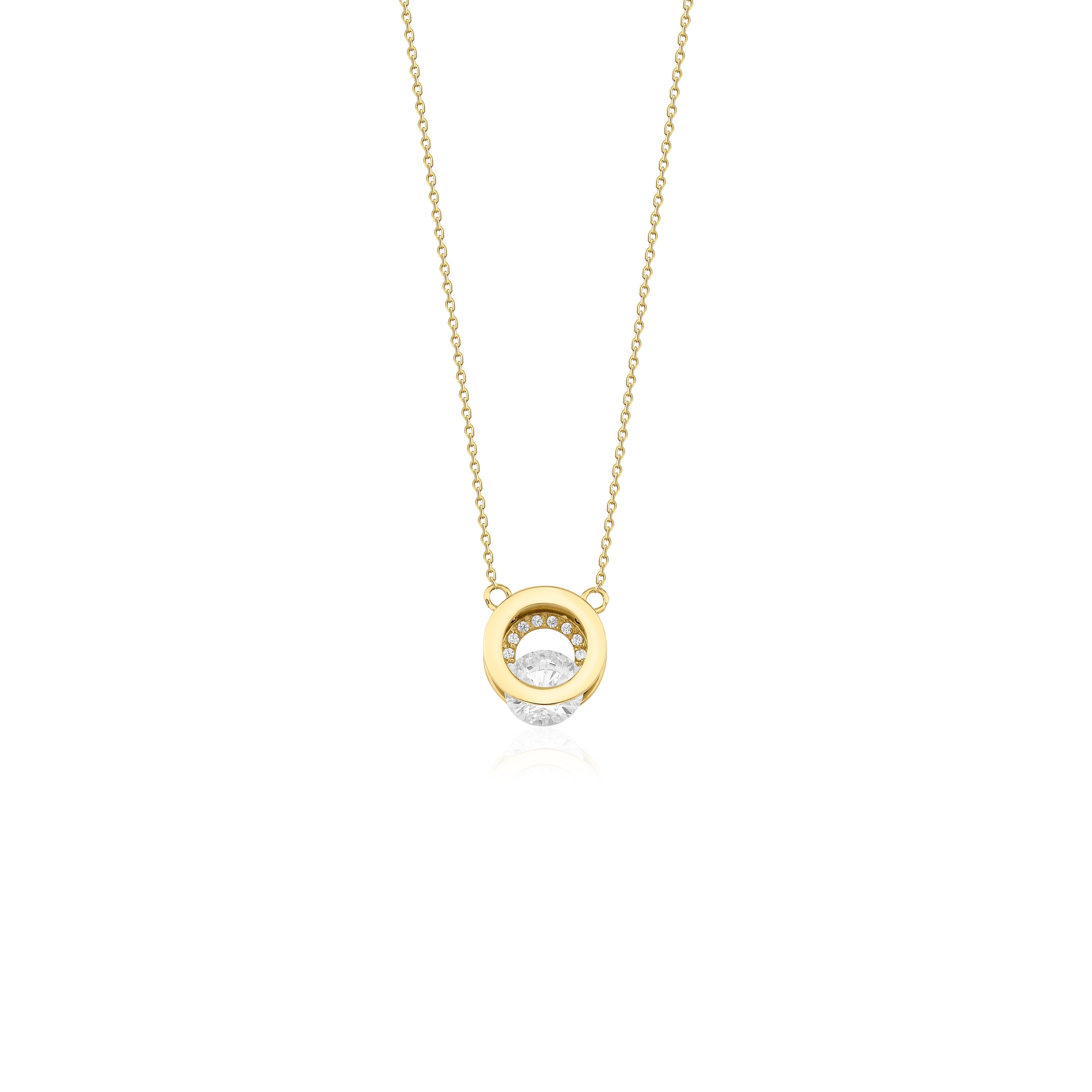 yellow gold circle halo pendant necklace on white background
