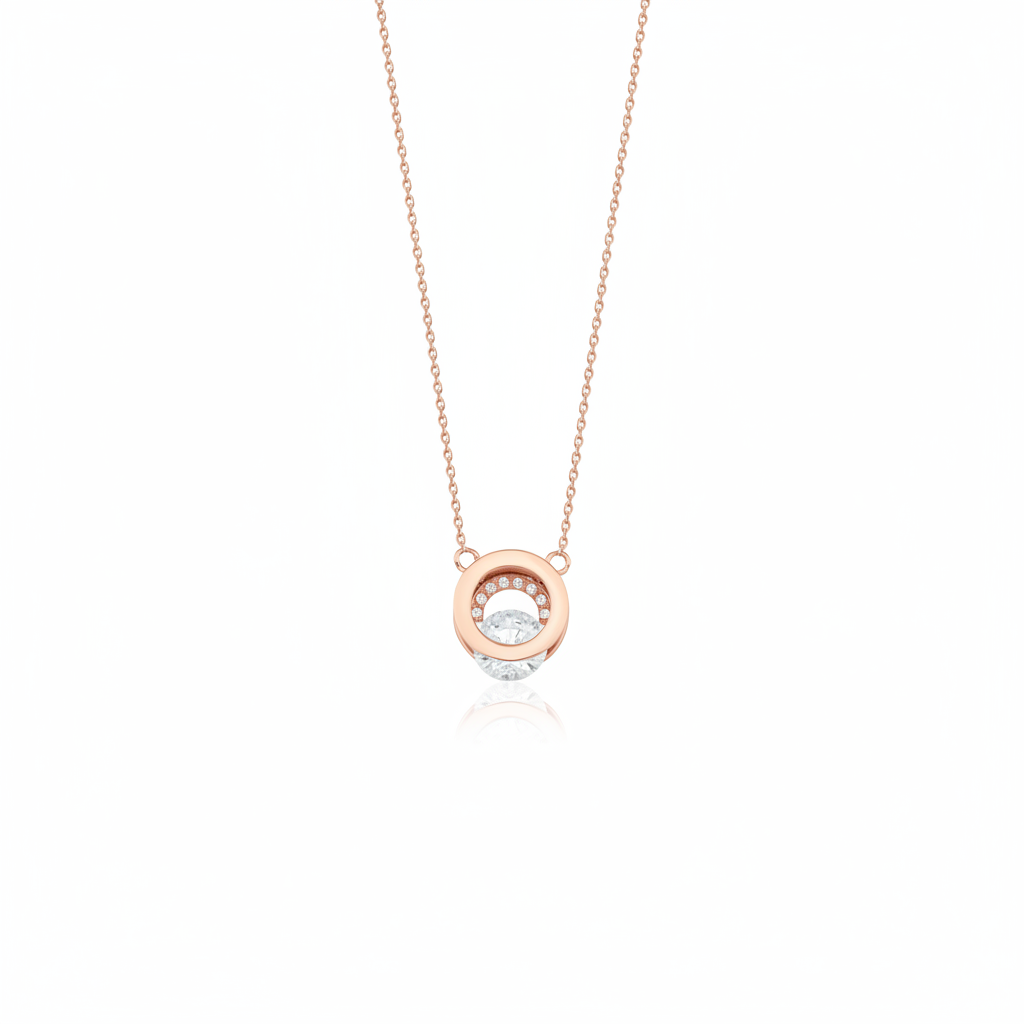 rose gold circle halo pendant necklace on white background