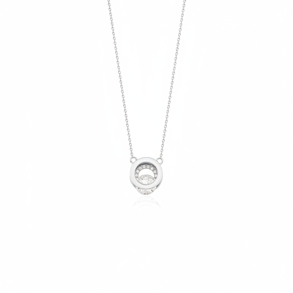 white gold circle halo pendant necklace on white background