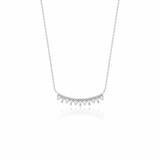 white gold beaded arc necklace on white background