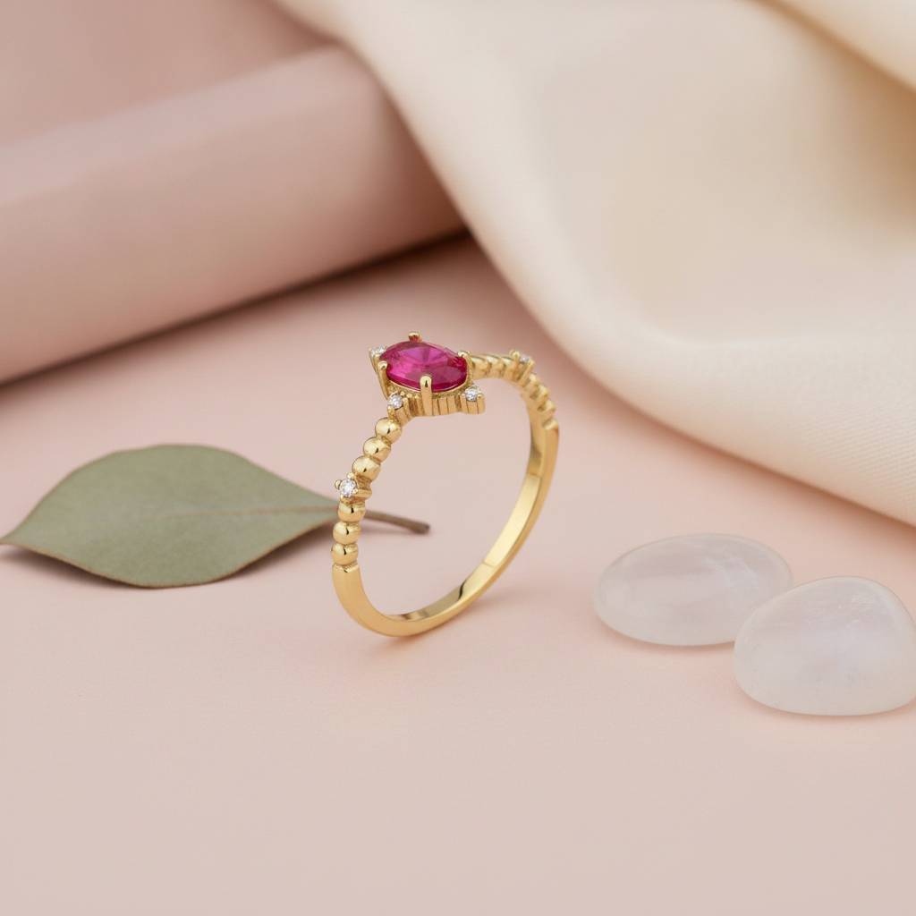 gold ring with ruby-red oval gemstone displayed on pink background with a green leaf and two smooth stones