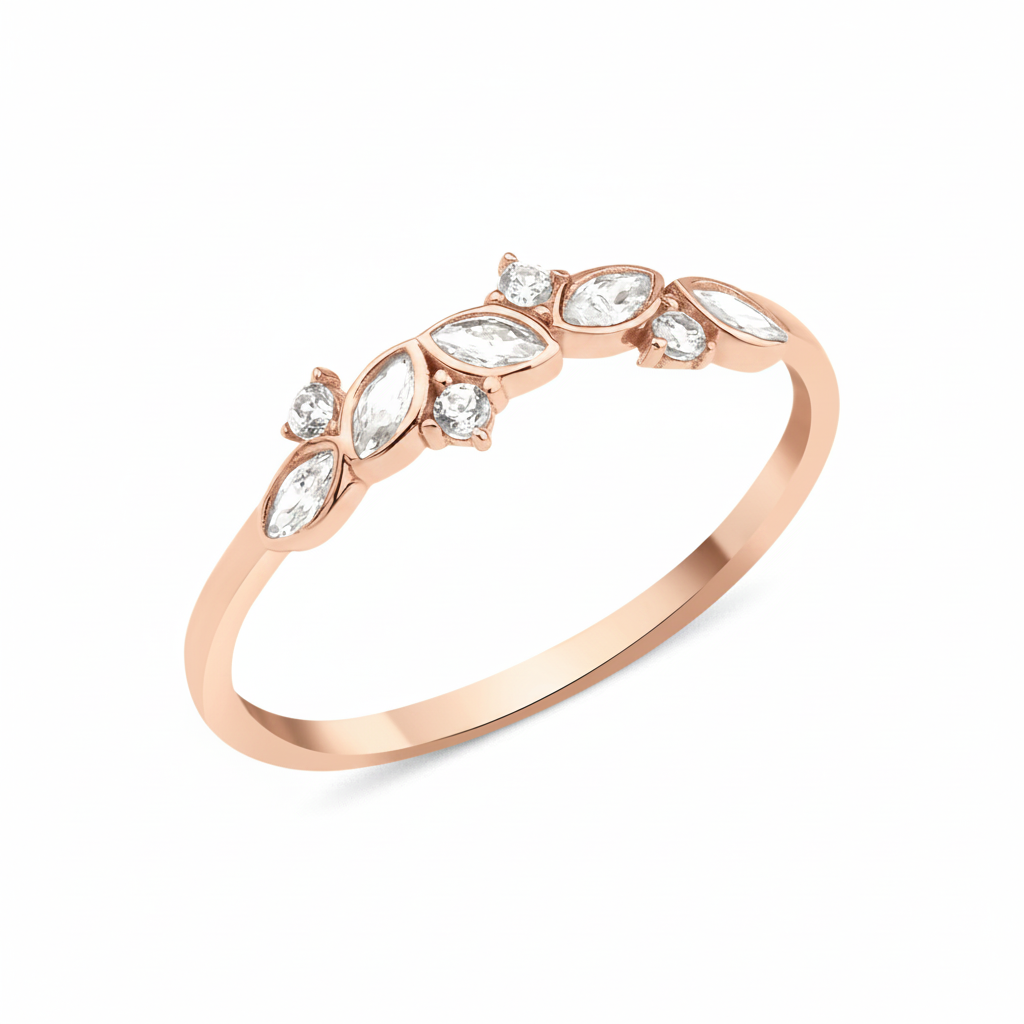 rose gold vine crest ring on white background