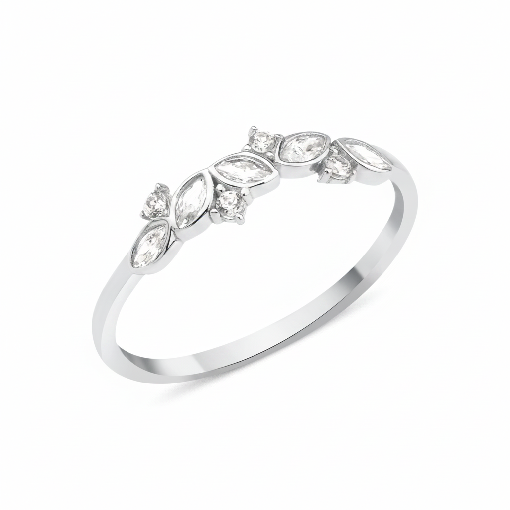 white gold vine crest ring on white background