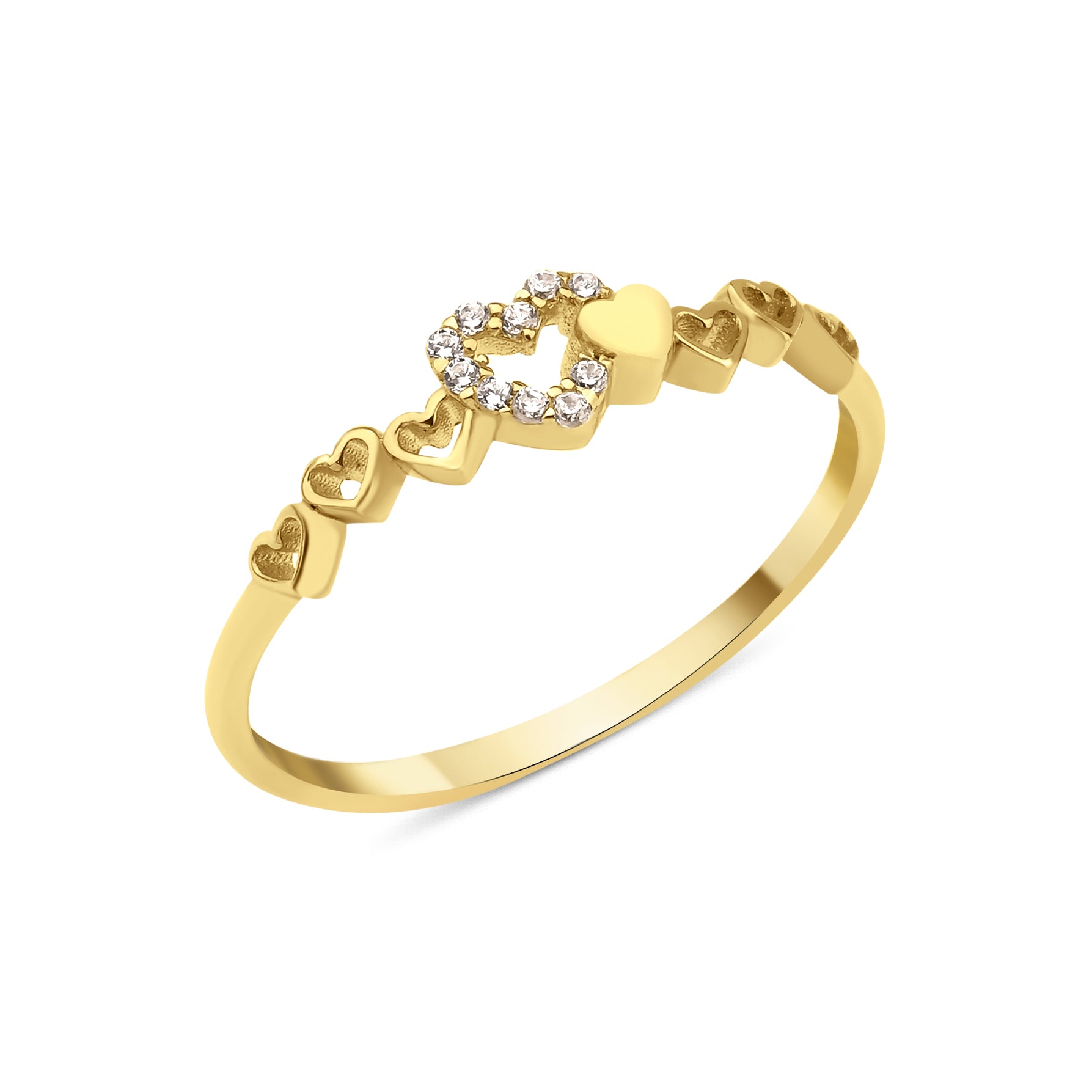 yellow gold twin heart ring on white background