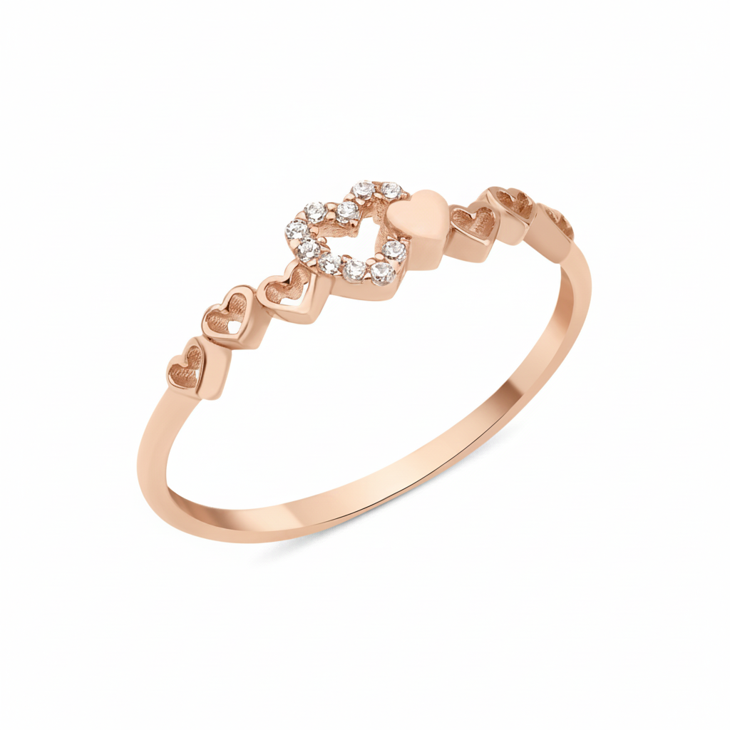 rose gold twin heart ring on white background