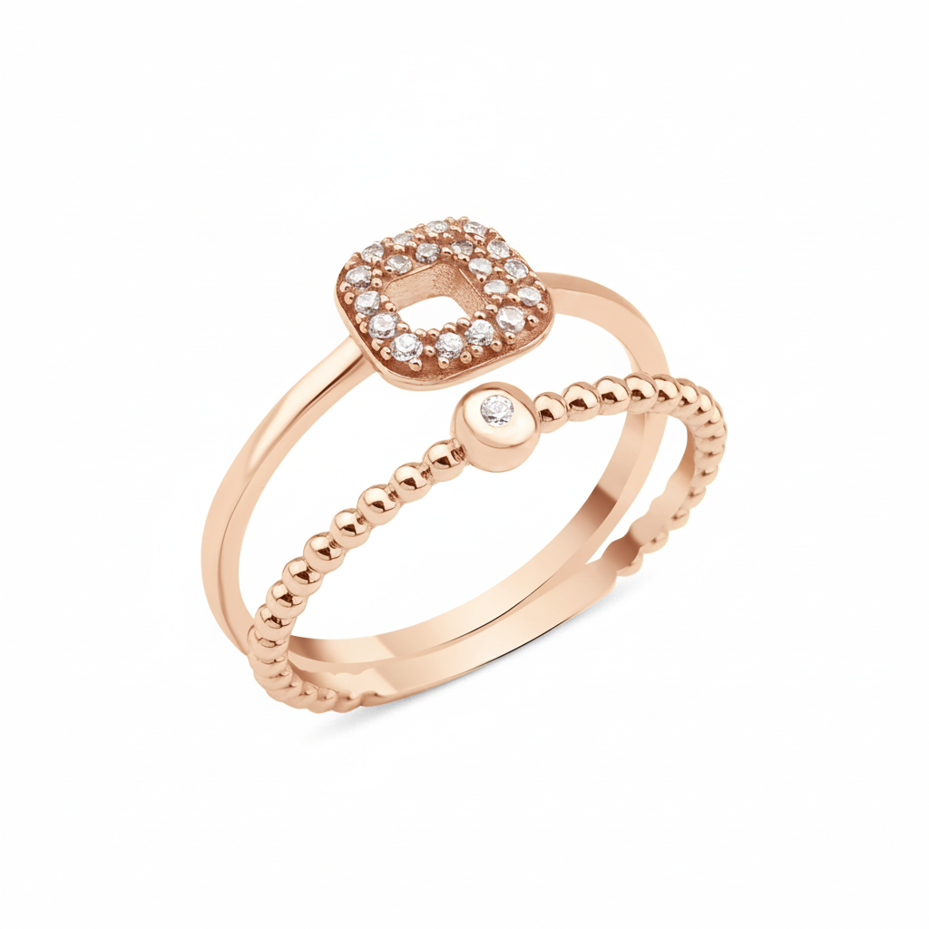 rose gold double band ring on white background