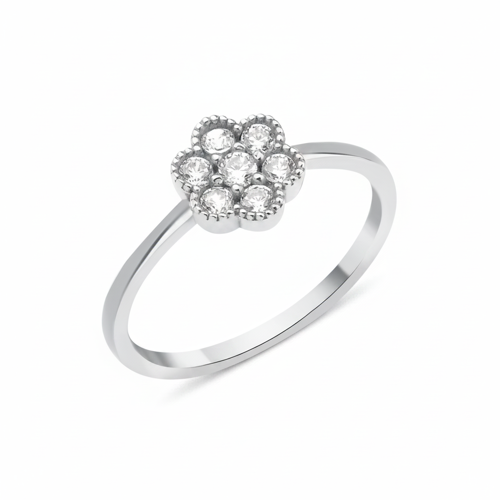 white gold floral cluster ring on white background
