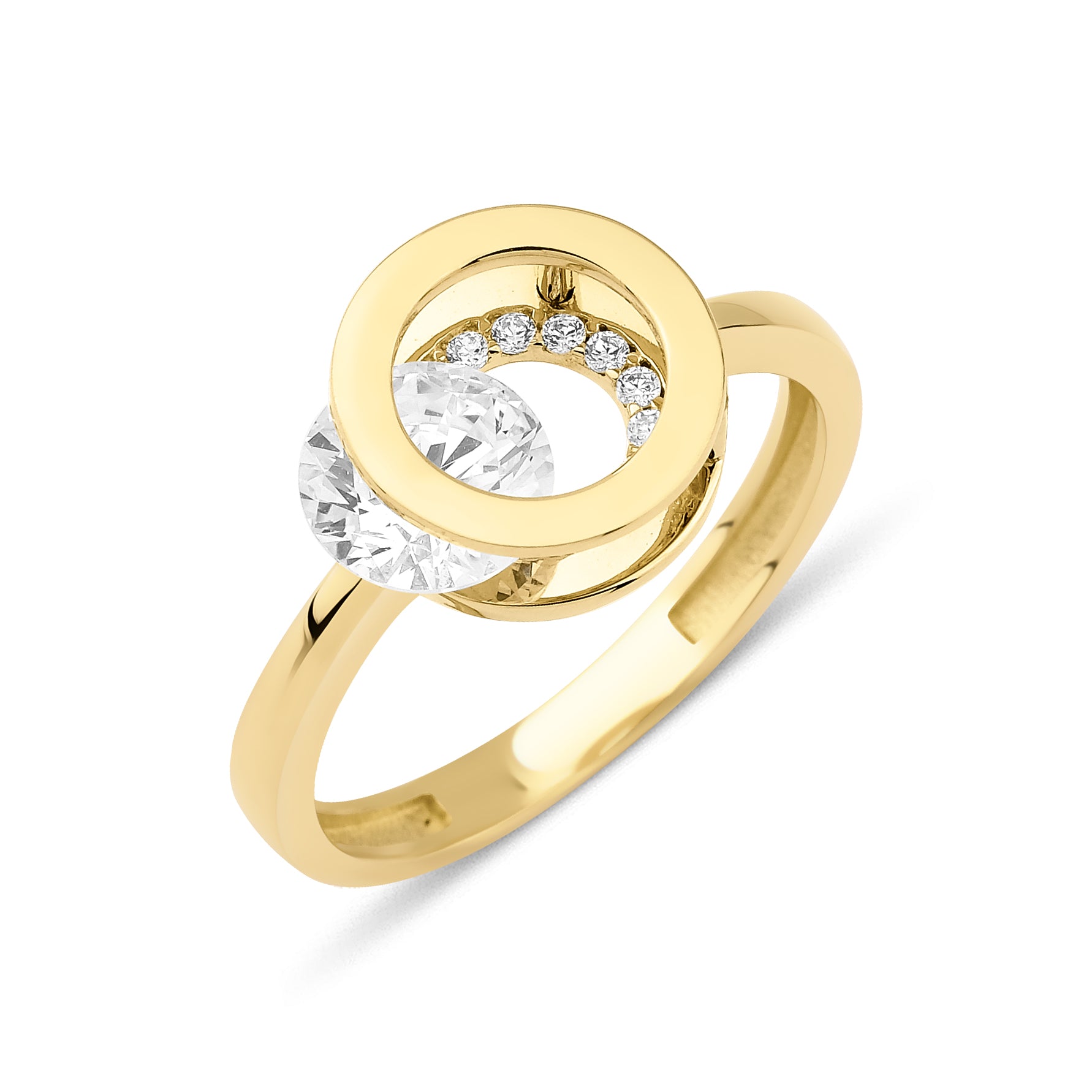 yellow gold orbit ring on white background