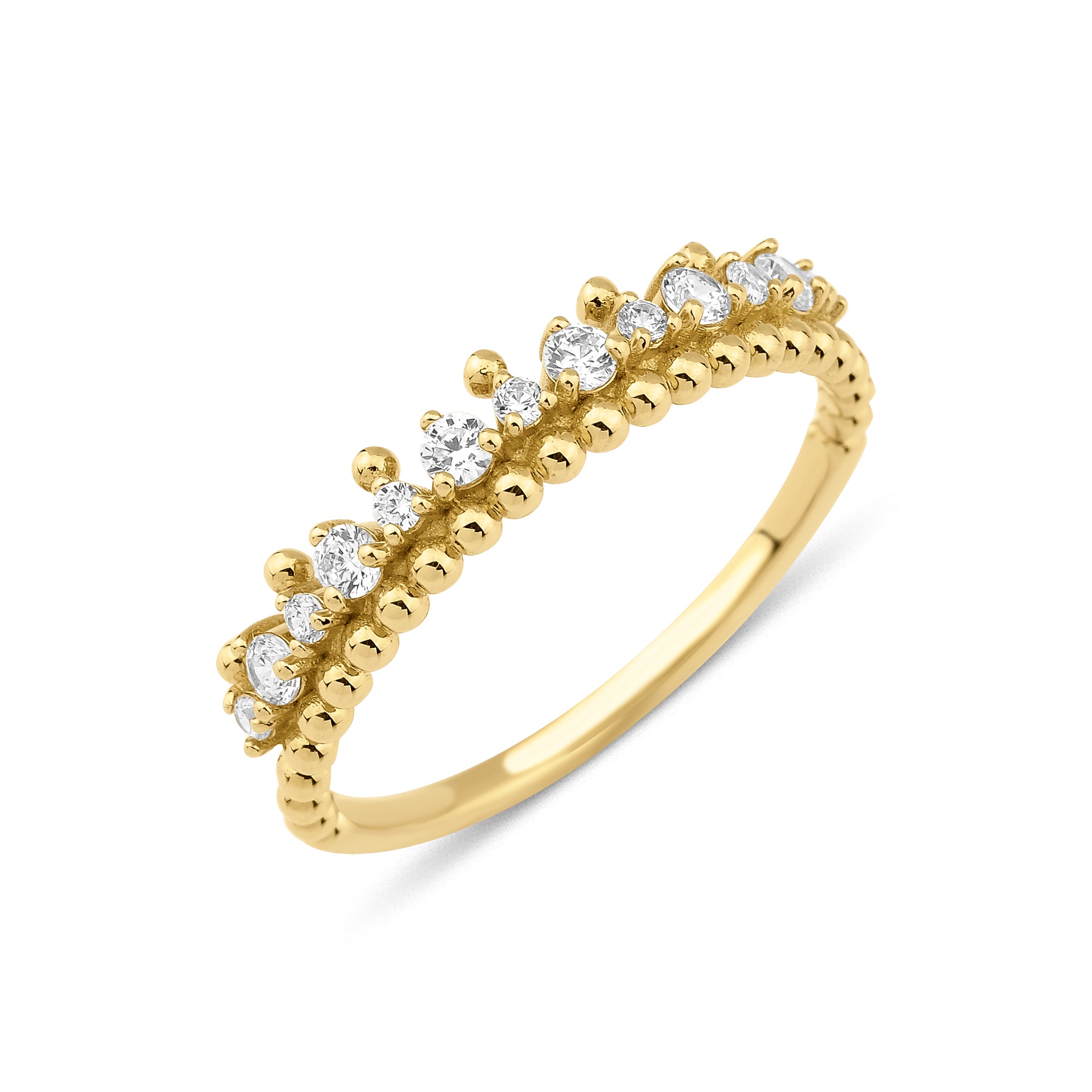 yellow gold beaded row ring on white background