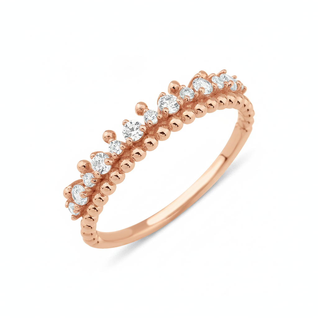 rose gold beaded row ring on white background