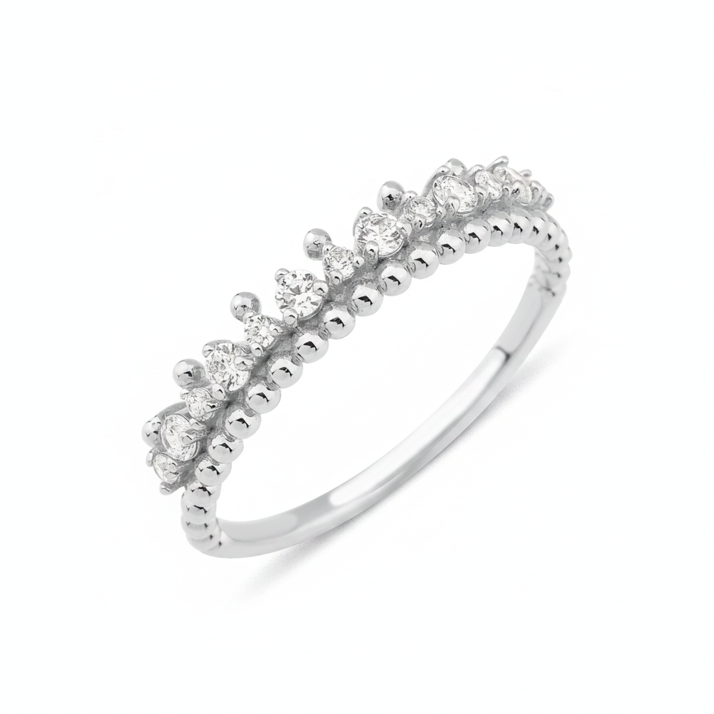 white gold beaded row ring on white background